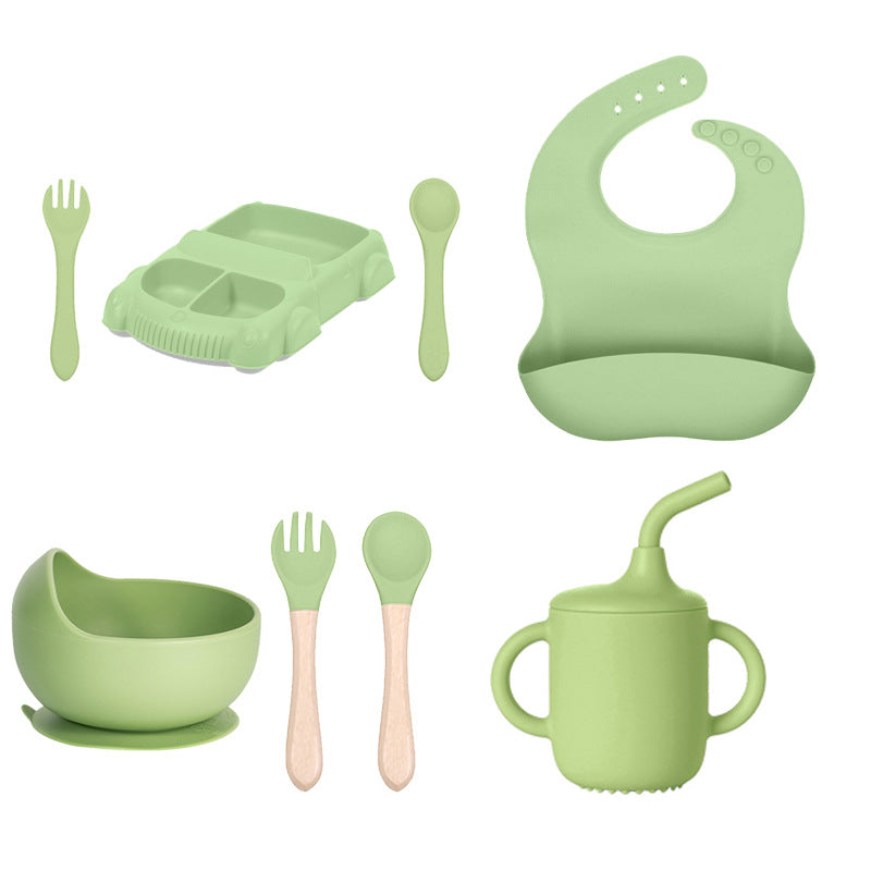 Factory new product baby silicone dinner plate large suction cup tableware set 8-piece set cartoon children's car silicone dinner plate