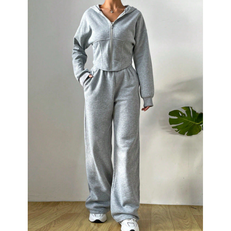 Solid color hooded sweatshirt set - relaxed fit, zip-up, european & american style, new autumn  women's collection