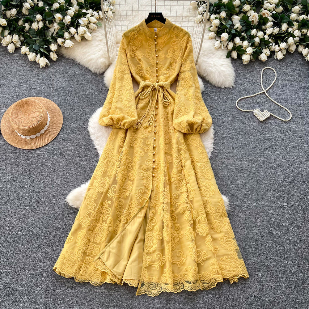 French romantic stand collar lantern sleeve lace dress - women's summer slimming a-line maxi dress - elegant and chic