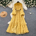 French romantic stand collar lantern sleeve lace dress - women's summer slimming a-line maxi dress - elegant and chic