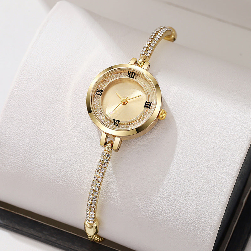 girls watch with small diamonds round preppy style elegant dial decoration lazy pull-out small bracelet women's watch