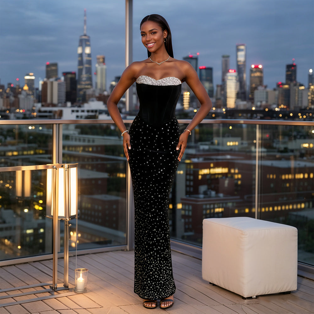 C7773 cross-border  new women's sexy bandeau dress with hotfix rhinestones, high-end light luxury socialite banquet evening gown