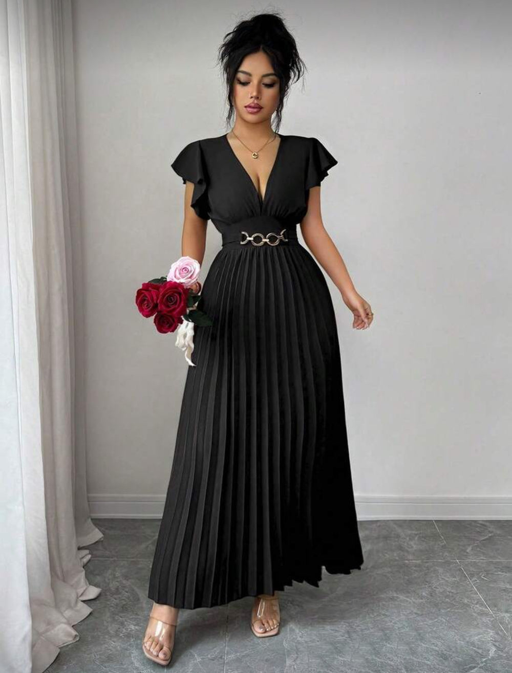 new v-neck ruffle sleeve solid color metallic embellished pleated design elegant long dress