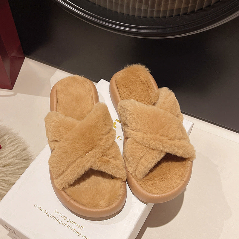 2024 new fuzzy slippers for women, korean style, trendy ins design, winter 2024 home comfort, one-strap cotton slippers for women