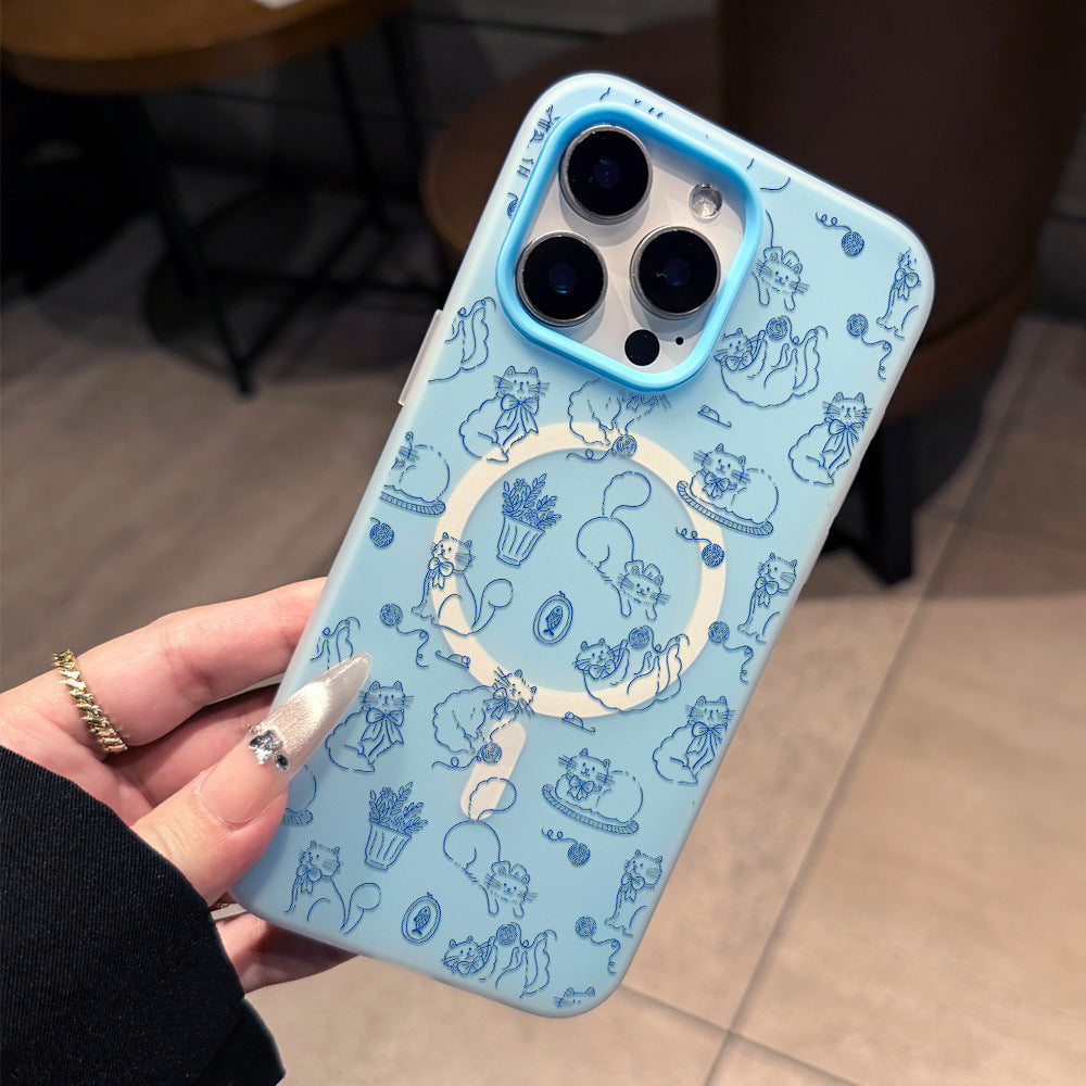 Candy color iphone 16 magnetic phone case - light blue cartoon blue cat yarn ball apple 16 cute protective cover