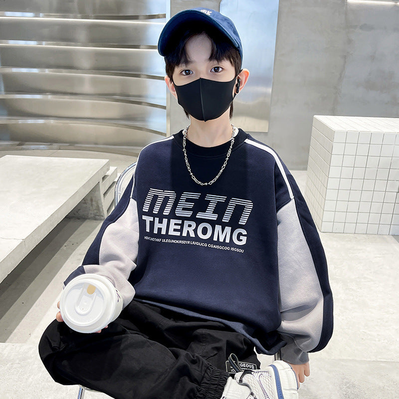 Boys' fall sweatshirt  new style: mid-to-large size kids' autumn/winter fleece-lined, thickened, cool & stylish autumn top