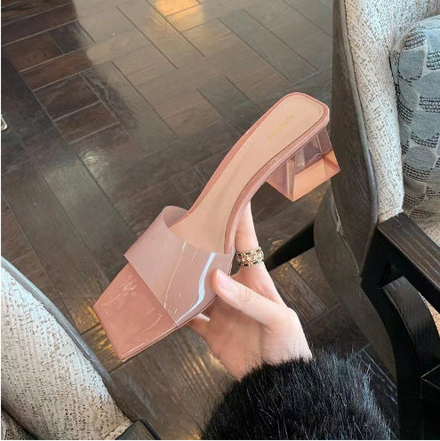 Transparent crystal slippers for women's outer wear 2024 summer new thick high-heeled square-toed open-toed slippers for women's summer outer wear