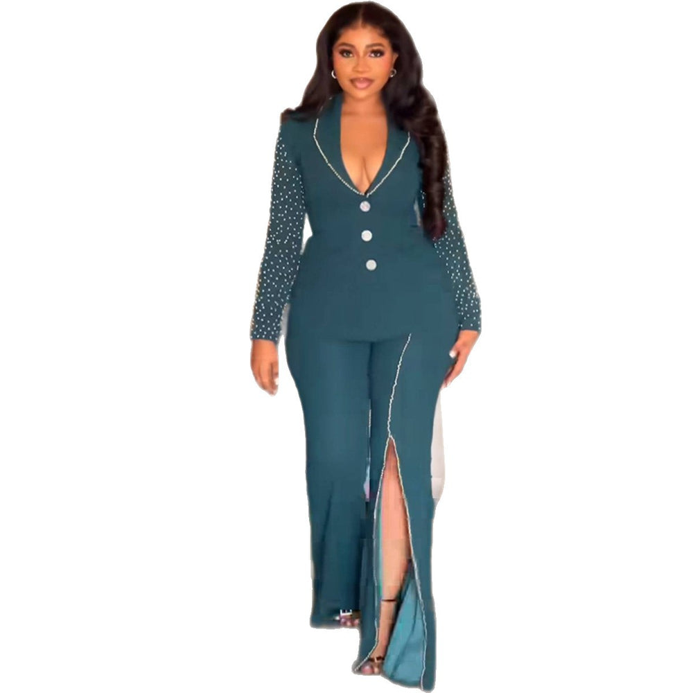 retrosexyv neck beaded long sleeves suit tops slit easiest for matchstraight-leg pants two-piece set