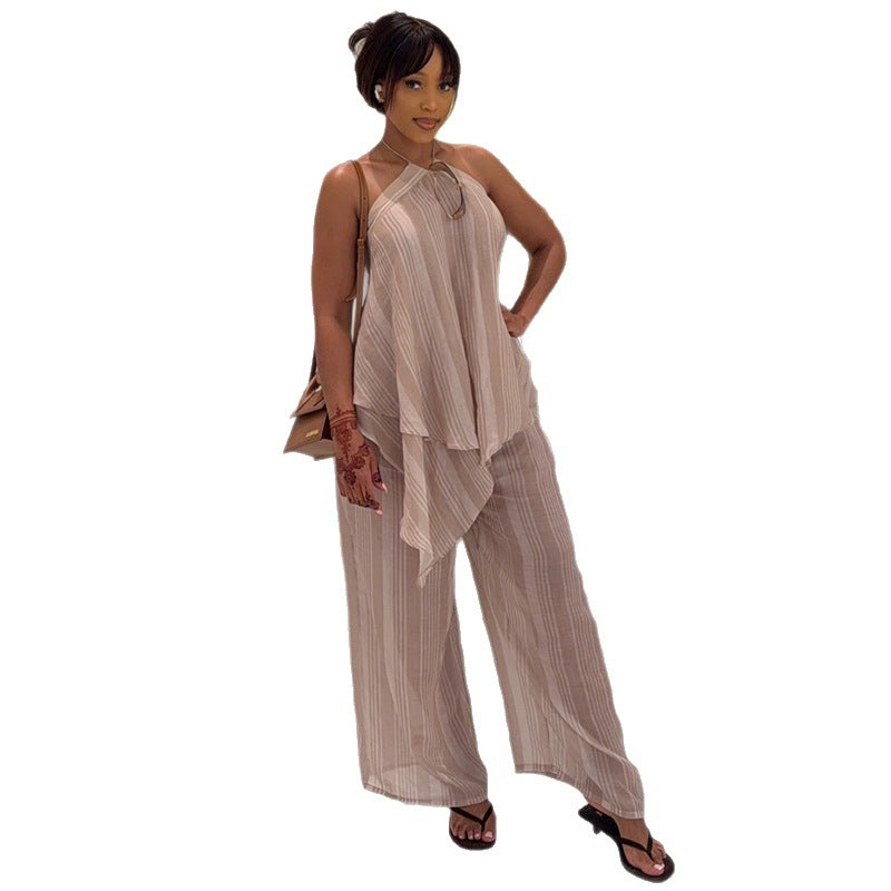 European and american cross-border women's fashion:  summer new collection - halter neck irregular camisole top and wide-leg pants set