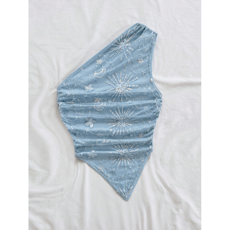 Women's new summer romantic vacation sequin embroidered fabric asymmetrical hem top tank top