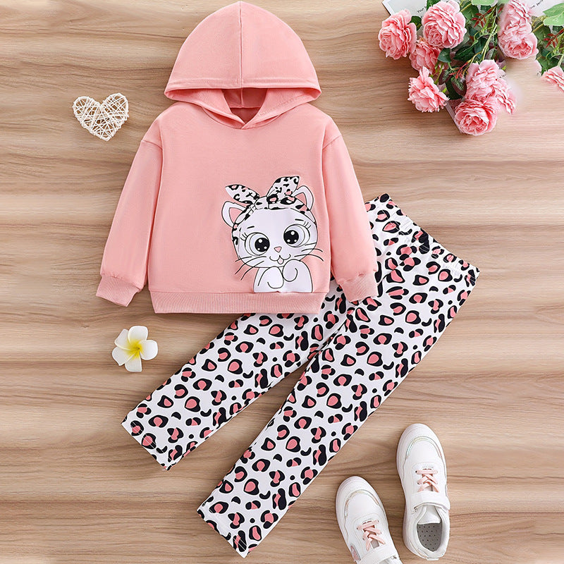 girls' hooded sweatshirt set - pink korean style cat print patterned pants long sleeve kids two-piece outfit