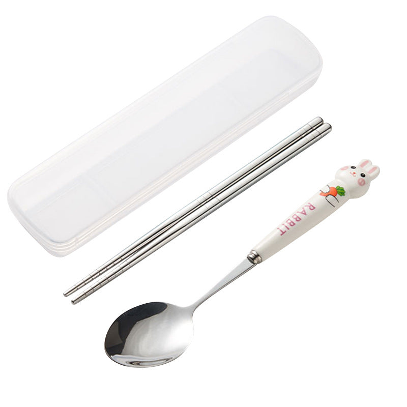 Cartoon rabbit portable cutlery set - 3-piece stainless steel spoon and chopsticks with ceramic handle