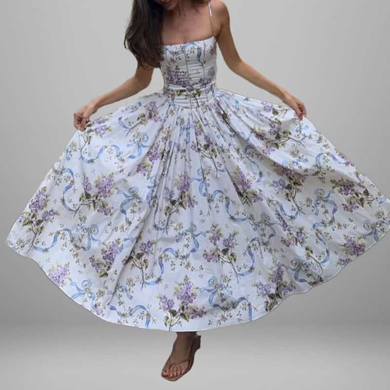 cross-border e-commerce women's fashion: european and american summer new arrivals - french style floral print square neck slip dress