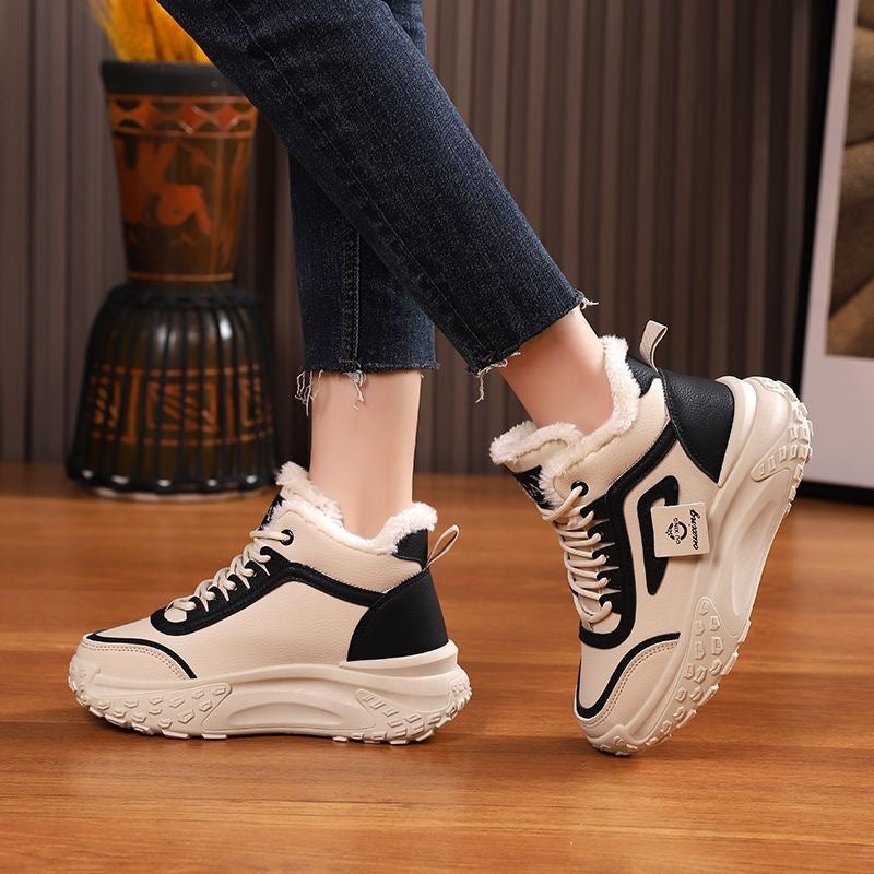 High-top women's shoes, new winter styles, trendy winter footwear, fleece-lined and thickened cotton shoes, cold-proof and warm, casual platform ankle boots