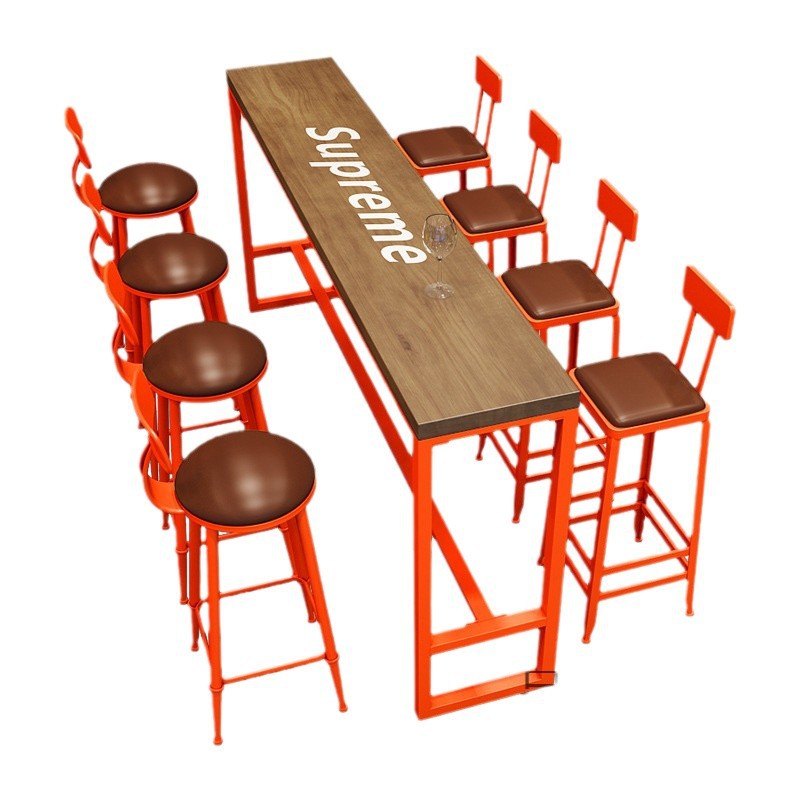 Bar cafe wall commercial wood bar table and chair combination Internet celebrity long wrought iron soft seat back dining table and chair