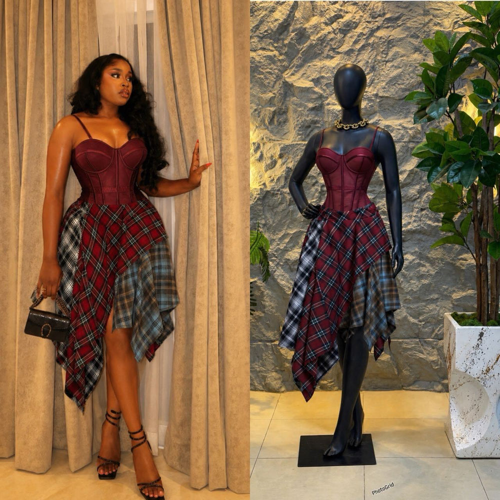 European and american cross-border women's fashion:  summer new sexy bandeau fishbone camisole top and plaid midi skirt set