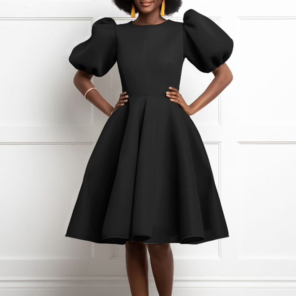 women's summer  round neck fashionable elegant bubble sleeve cinched waist a-line midi dress - western style