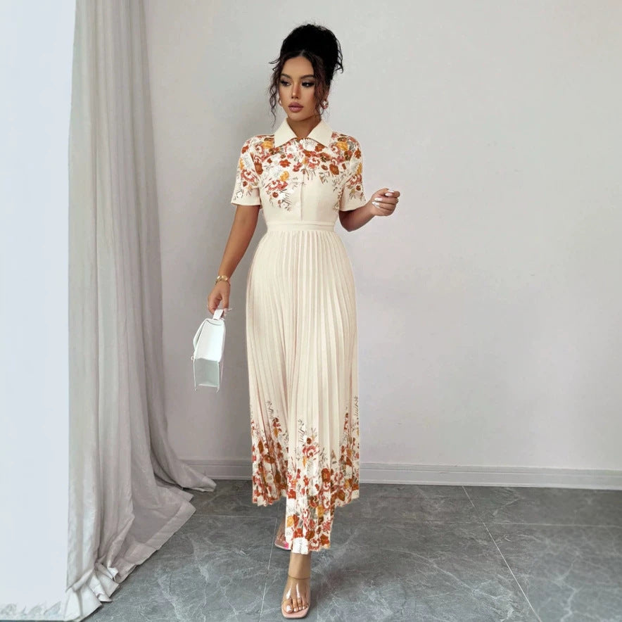european and american new retro orange blossom patchwork shirt dress with turn-down collar, short sleeves, cinched waist, and long pleated skirt
