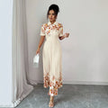 european and american new retro orange blossom patchwork shirt dress with turn-down collar, short sleeves, cinched waist, and long pleated skirt