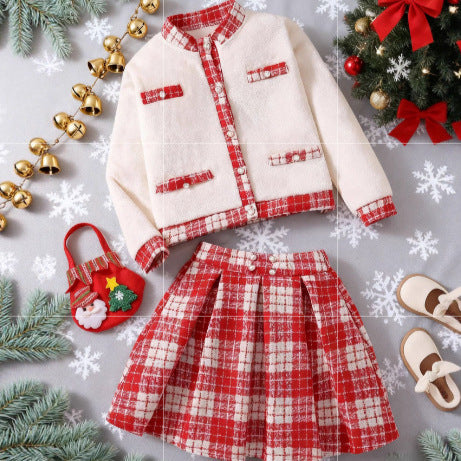 girls' christmas style outfit: red plaid skirt & elegant long-sleeve jacket two-piece set