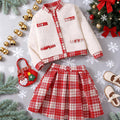 girls' christmas style outfit: red plaid skirt & elegant long-sleeve jacket two-piece set
