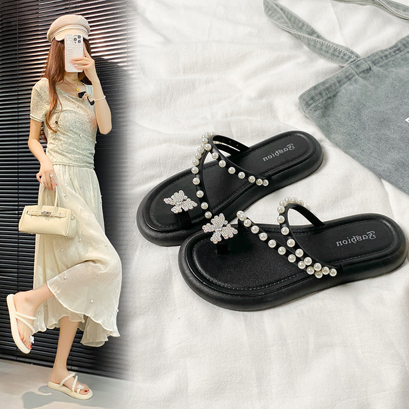 Women's flat sandals - new summer collection: casual, fairy-tale style with pearl and butterfly detail, open-toe design, fashionable beach sandals, versatile and stylish