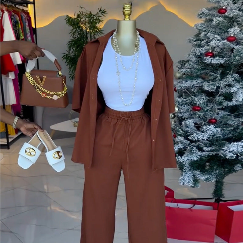 European and american cross-border women's fashion  spring new collection: solid color casual short-sleeve shirt top and tie-waist wide-leg pants set