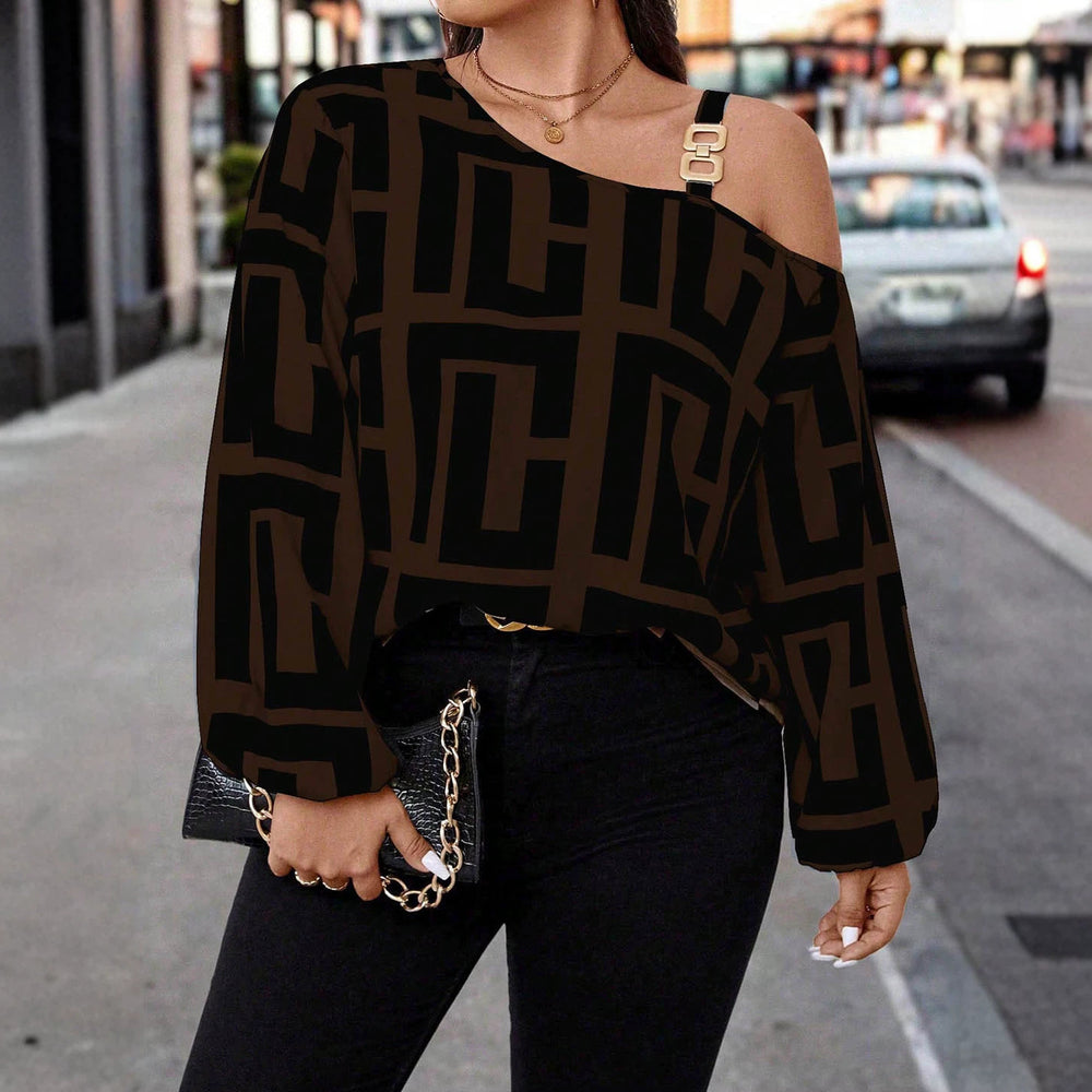 plus size retro print shirt - asymmetrical off-the-shoulder metal buckle cami with maze pattern oversized top