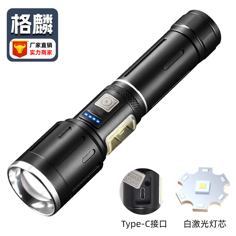 Cross-border new LED strong light zoom searchlight multi-function outdoor white laser lighting side light USB charging flashlight