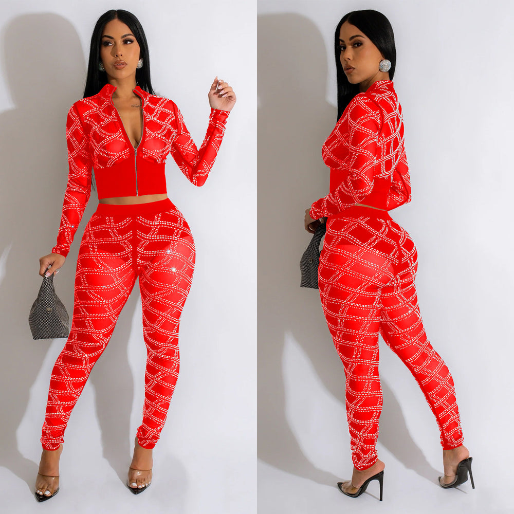 C6548 cross-border   fashion women's solid color mesh rhinestone long sleeve top and pants two-piece set