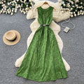 Luxury round neck sleeveless cutout dress - women's summer green a-line maxi dress - high waist, slimming, and figure-flattering - premium quality