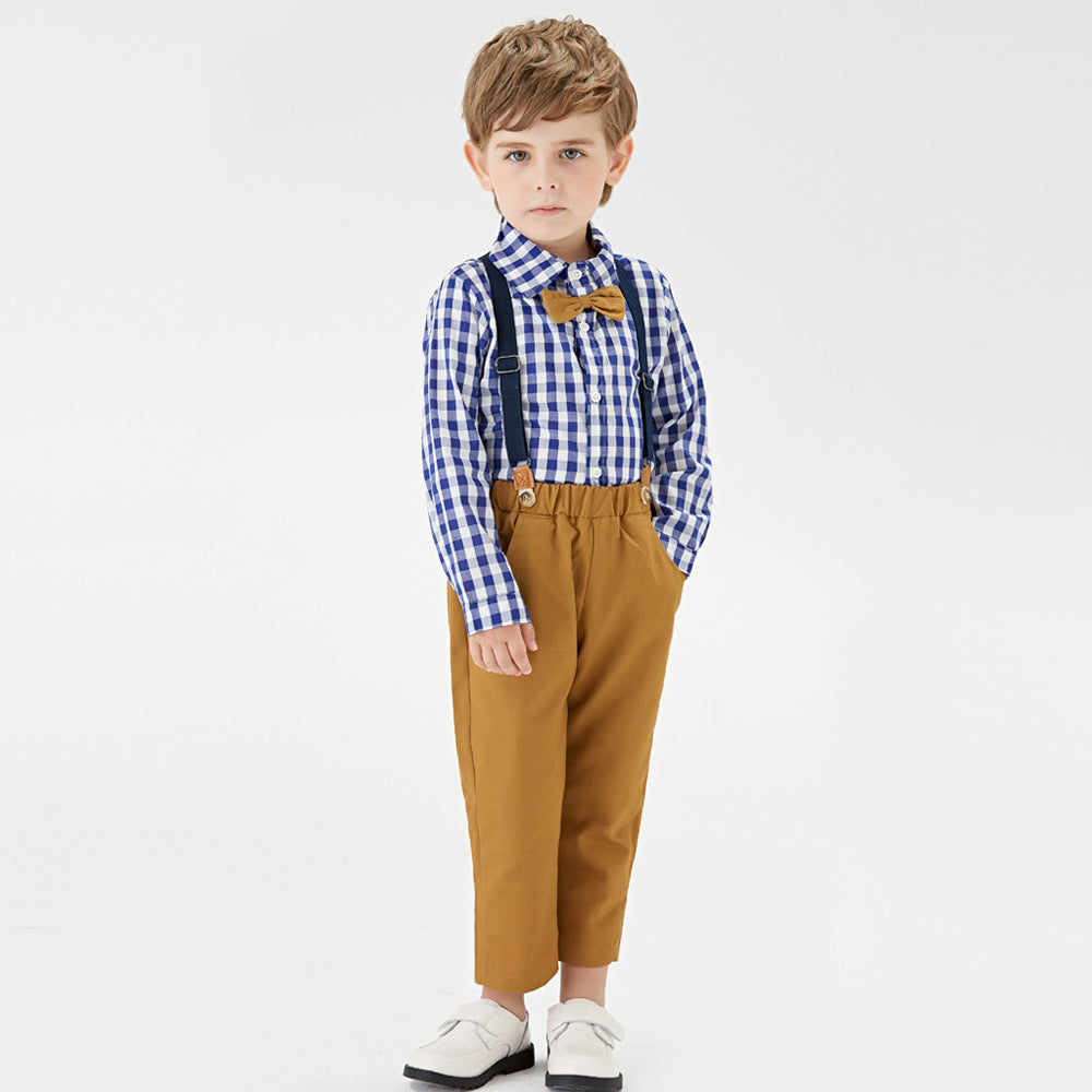 Kids' autumn plaid shirt & overalls set - korean style boys' gentleman outfit - in stock & wholesale
