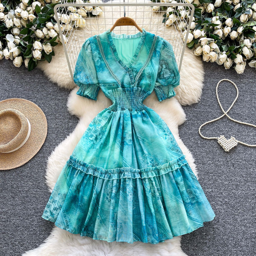French romantic v-neck lantern sleeve ruffle print dress - women's summer slimming a-line fairy dress
