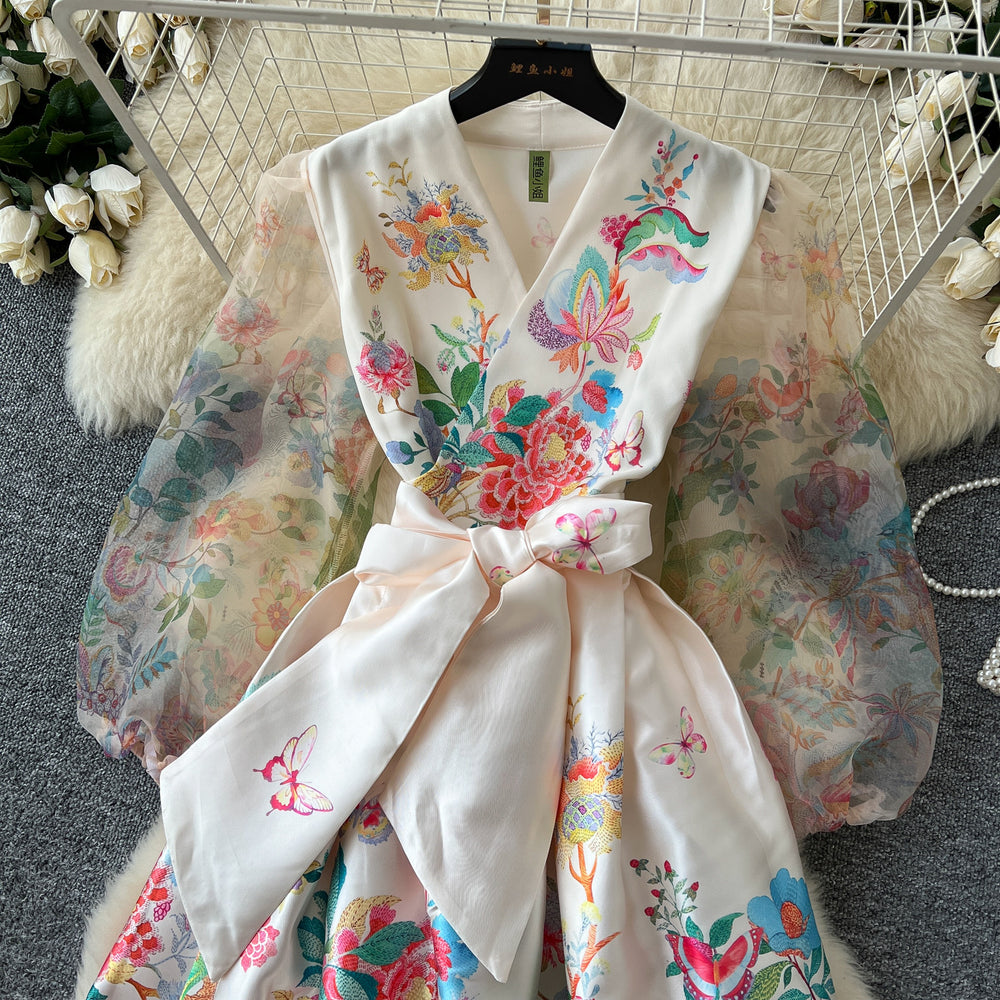 spring court style v-neck tie-waist mesh lantern sleeve printed slimming maxi dress