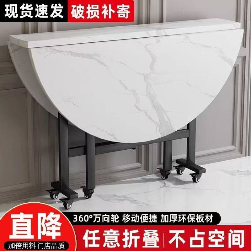 Assembled folding round table - compact, mobile, multi-functional table with wheels for home use (small apartments)