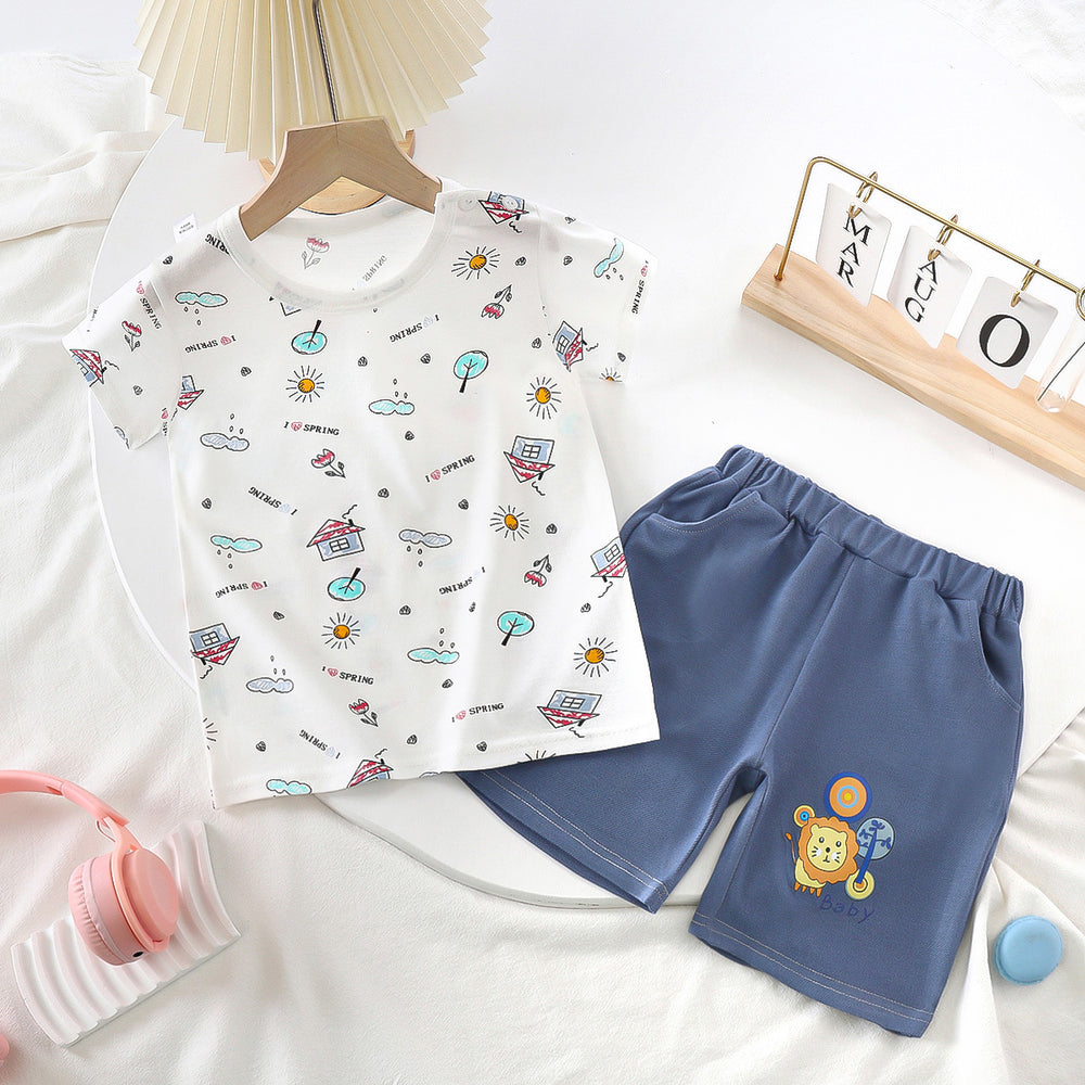 summer kids' short-sleeve set: toddler & children's pure cotton denim casual short-sleeve & shorts two-piece outfit - dropshipping available