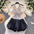 Sexy sweet and spicy style deep v neckhalterdress women's heavy industry diamond-encrusted k-style sleeveless puffy skirt classy sense