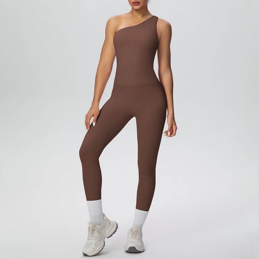 New arrival cross-border double-sided brushed nude tight one-shoulder vest sports suit running fitness yoga clothes two-piece set