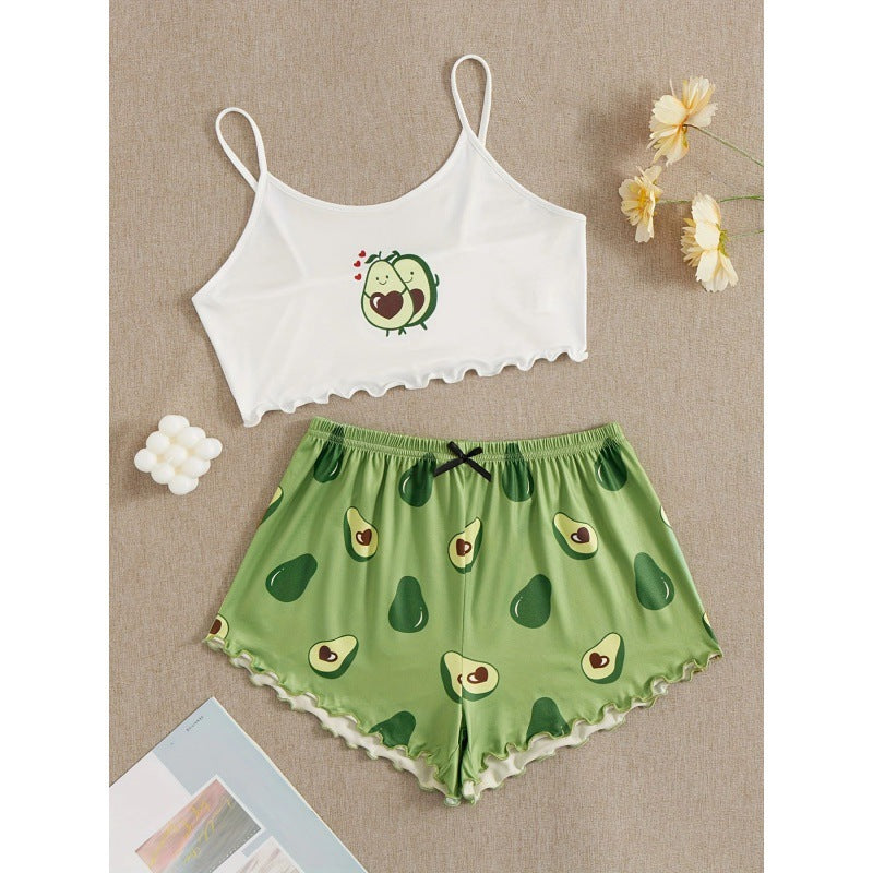 women's pajamas summernew arrival sling off-shoulder home cute printed pajamas home wear night wear