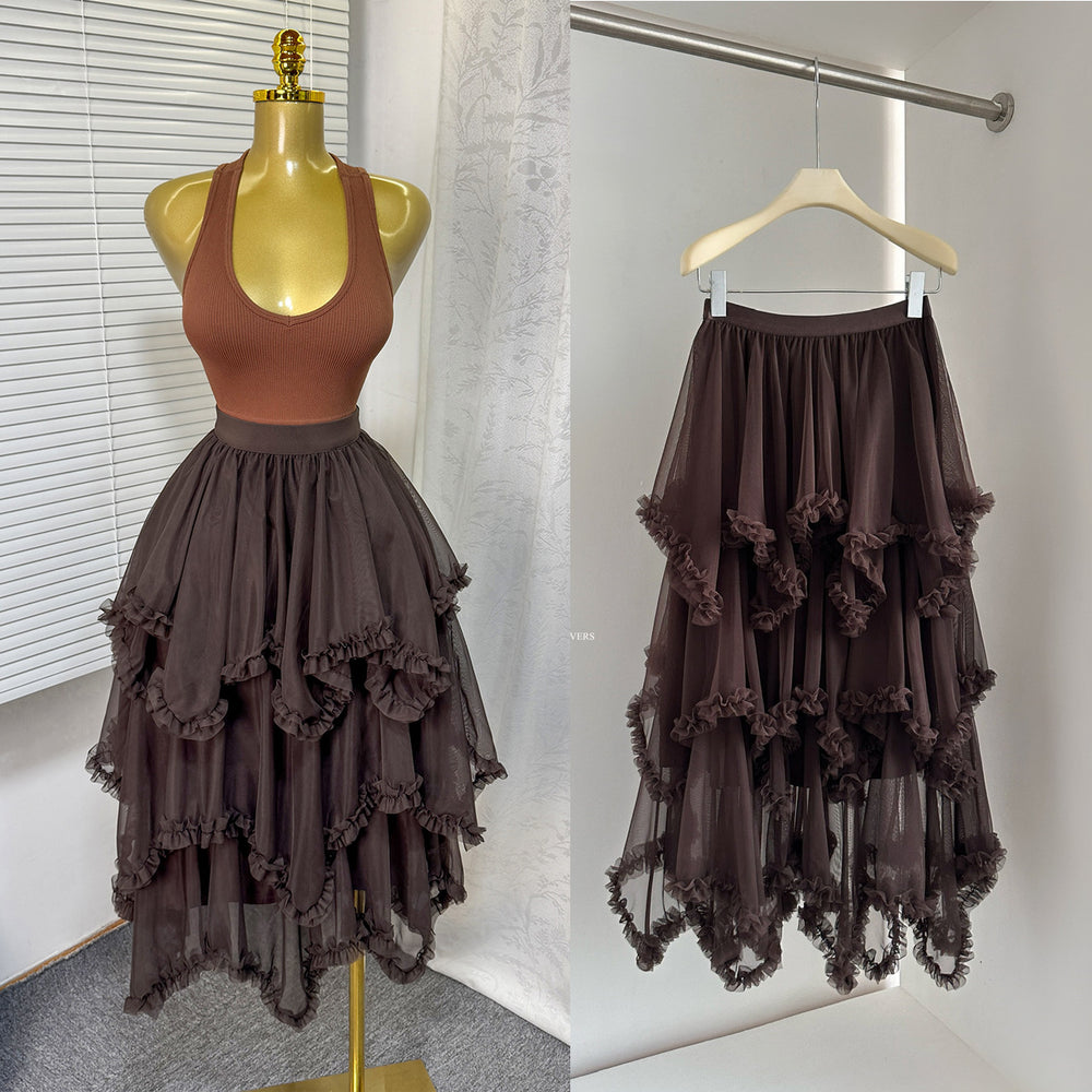 export elastic waist mesh ruffle asymmetrical tiered cake skirt midi high waist a-line midi skirt