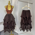 export elastic waist mesh ruffle asymmetrical tiered cake skirt midi high waist a-line midi skirt