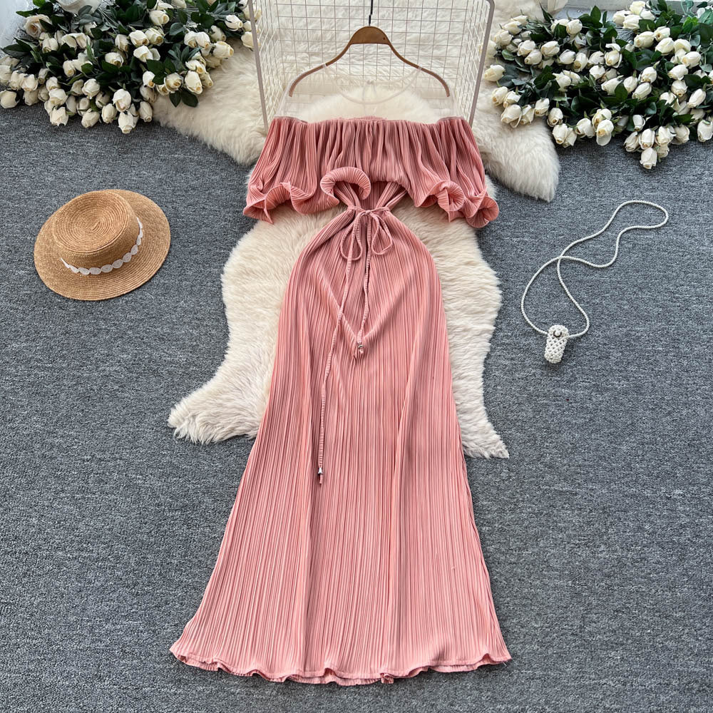 French one-shoulder ruffle tie-up dress - women's summer slimming a-line pleated maxi dress - vacation style