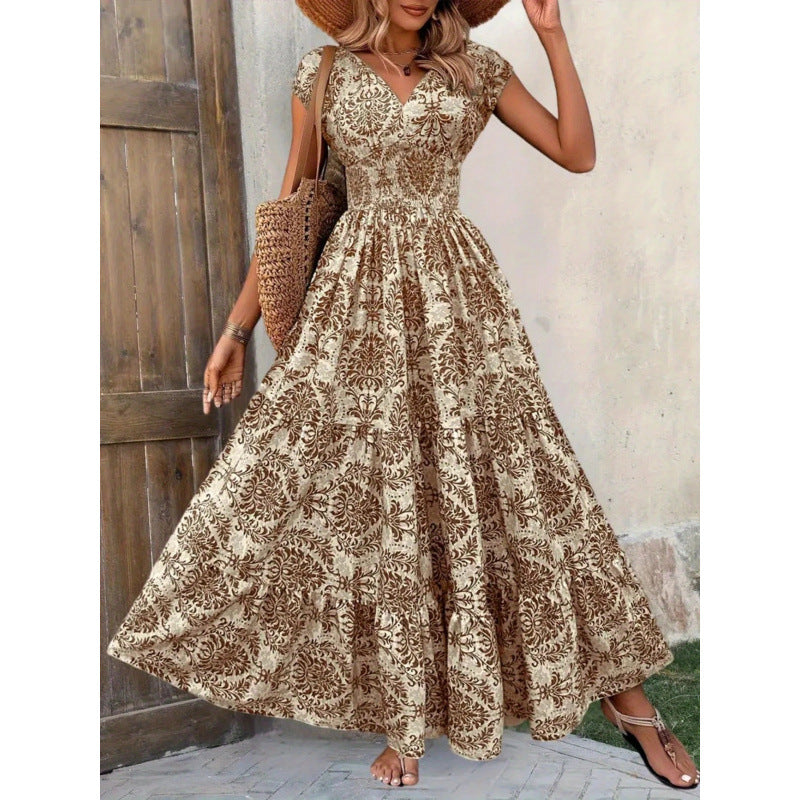 Shipped: bestselling new printed v-neck, cinched-waist maxi dress for independent e-commerce stores – european and american cross-border summer dress