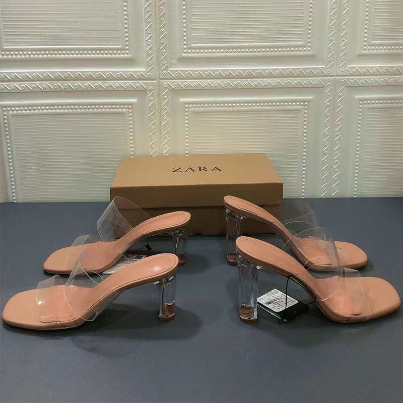 New 2024 square toe crystal heel mule sandals - stylish, versatile, single strap, transparent heel, women's outdoor wear