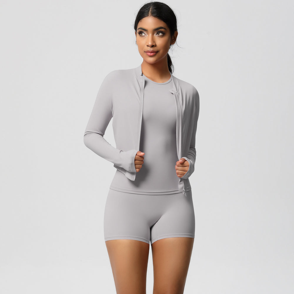 European and american nude feel cardigan jacket, crew neck short sleeve t-shirt, casual yoga set, running sports fitness three-piece outfit