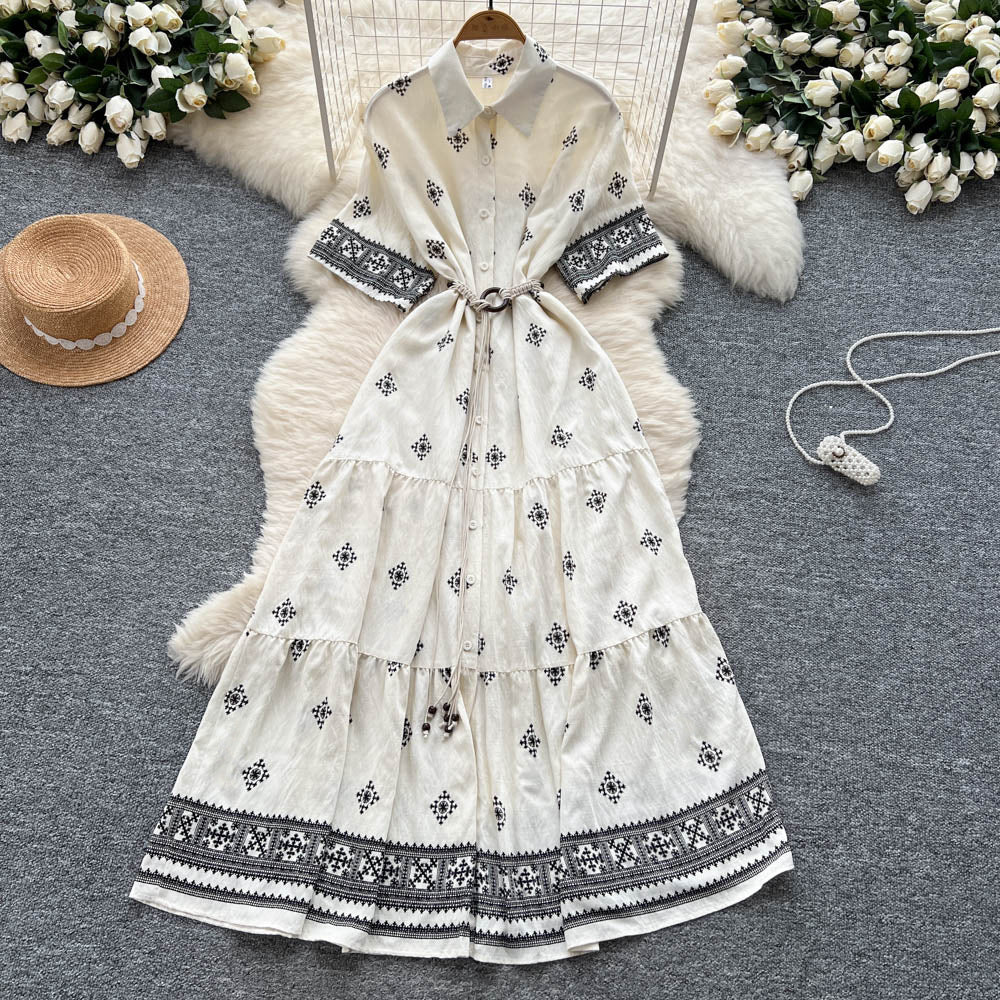 summer women's vintage-inspired short-sleeve tie-waist single-breasted printed dress - slimming maxi dress