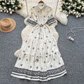 summer women's vintage-inspired short-sleeve tie-waist single-breasted printed dress - slimming maxi dress