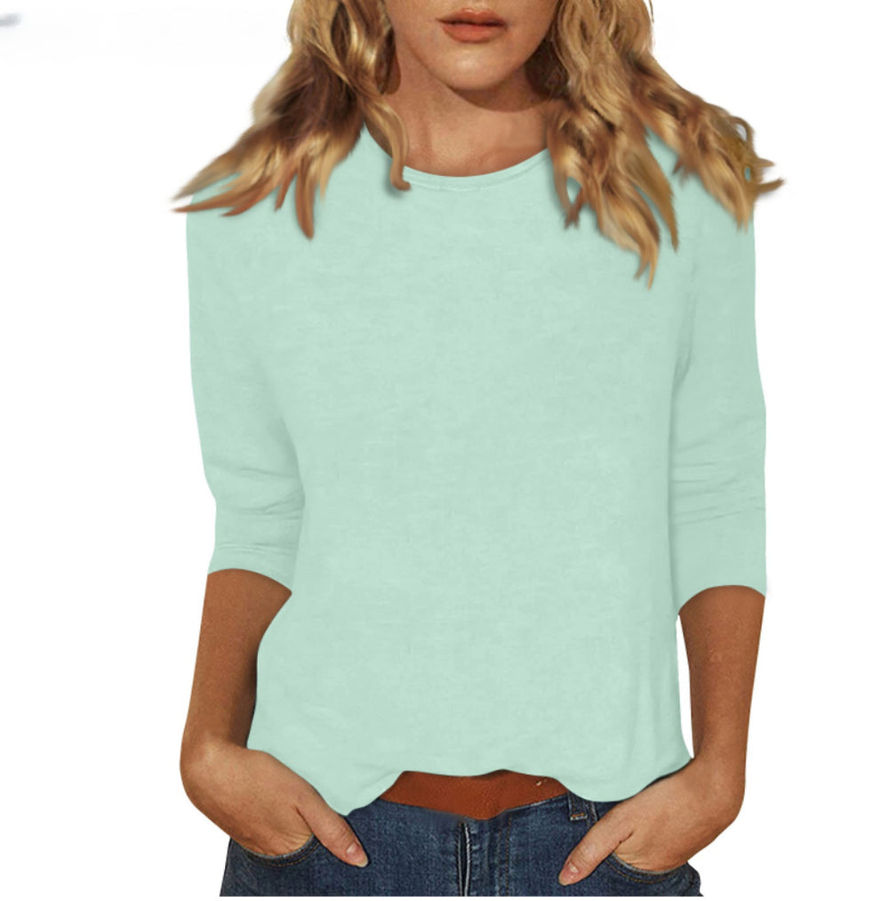 new women's crew neck t-shirt with 3/4 sleeves - solid color top for cross-border  sales