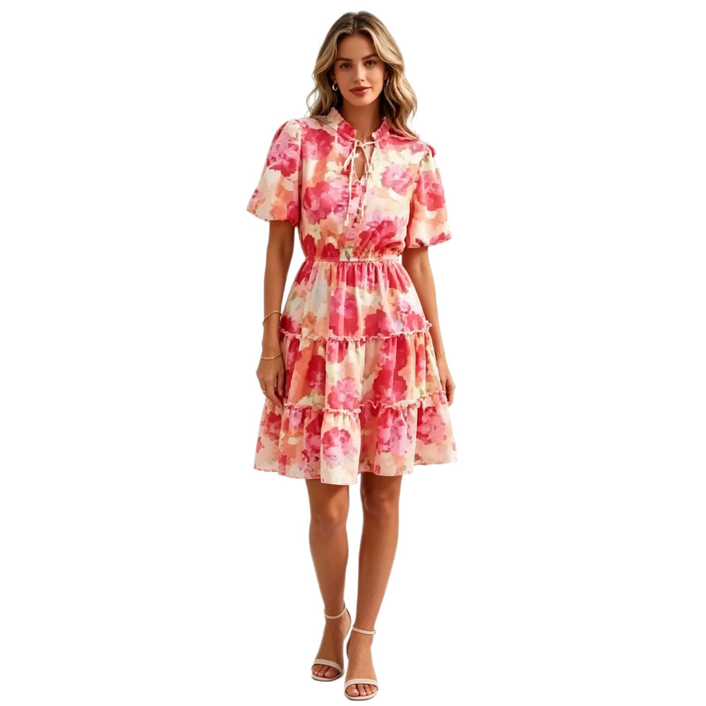 0 european and american cross-border summer women's elegant vacation print tie-strap short sleeve dress