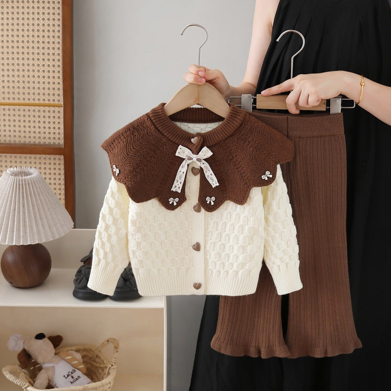 Kids' knit sweater cardigan with oversized collar -  autumn new arrival - two-piece set for little girls: cardigan and pants